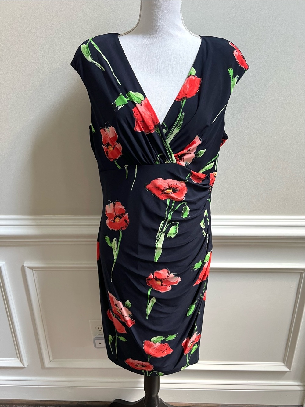 Lauren Ralph Lauren Navy Red Poppy Floral Ruched Faux Wrap Sheath Dress Size 16